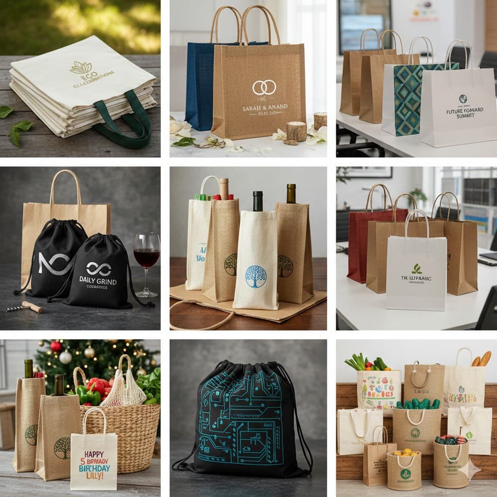 Collage of custom eco-friendly bags: jute tote bags, canvas tote bags, paper bags, drawstring pouches, and wine bags. Sustainable, reusable, and customizable for events, retail, and gifting.